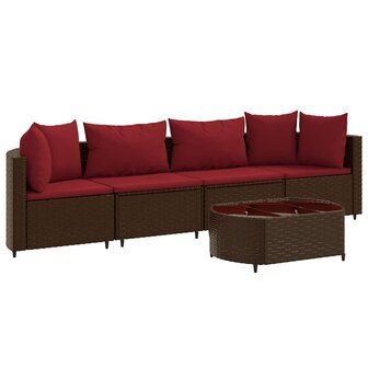 5-delige Loungeset met kussens poly rattan bruin