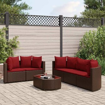 6-delige Loungeset met kussens poly rattan bruin