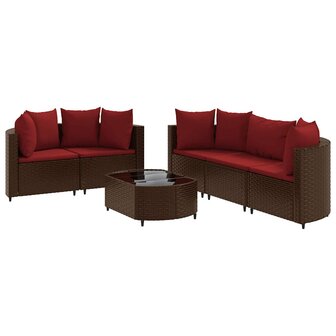 6-delige Loungeset met kussens poly rattan bruin
