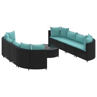 9-delige Loungeset met kussens poly rattan zwart