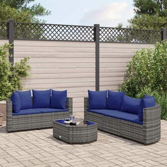 6-delige Loungeset met kussens poly rattan grijs