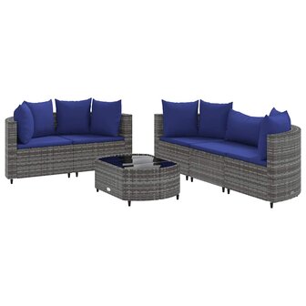 6-delige Loungeset met kussens poly rattan grijs