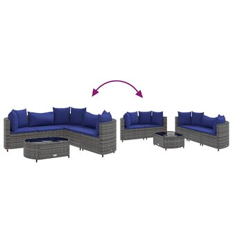 6-delige Loungeset met kussens poly rattan grijs