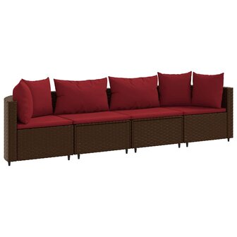 4-delige Loungeset met kussens poly rattan bruin