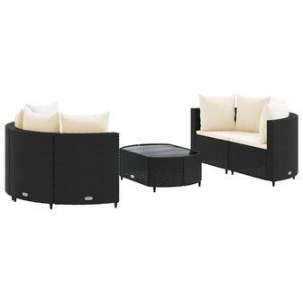 5-delige Loungeset met kussens poly rattan zwart