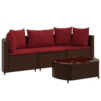 4-delige Loungeset met kussens poly rattan bruin