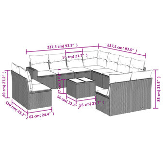 12-delige Loungeset met kussens poly rattan lichtgrijs