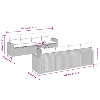 9-delige Loungeset met kussens poly rattan lichtgrijs