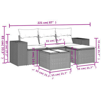 5-delige Loungeset met kussens poly rattan lichtgrijs