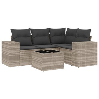 5-delige Loungeset met kussens poly rattan lichtgrijs