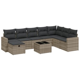 9-delige Loungeset met kussens poly rattan lichtgrijs
