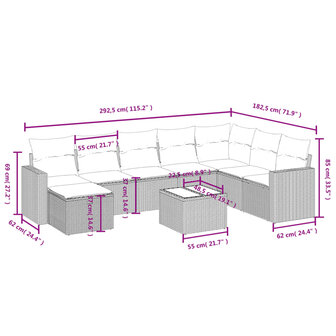 9-delige Loungeset met kussens poly rattan lichtgrijs
