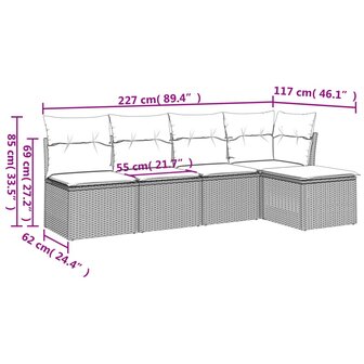 5-delige Loungeset met kussens poly rattan lichtgrijs