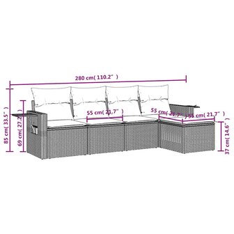 5-delige Loungeset met kussens poly rattan lichtgrijs