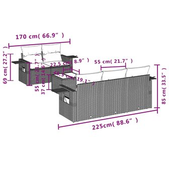 6-delige Loungeset met kussens poly rattan lichtgrijs