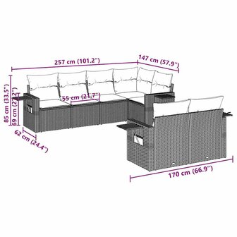 7-delige Loungeset met kussens poly rattan lichtgrijs
