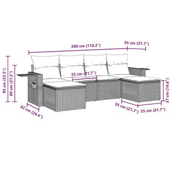 6-delige Loungeset met kussens poly rattan lichtgrijs