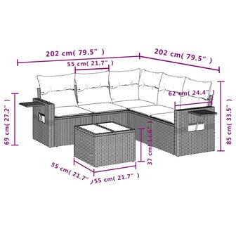 6-delige Loungeset met kussens poly rattan lichtgrijs