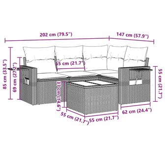 5-delige Loungeset met kussens poly rattan lichtgrijs