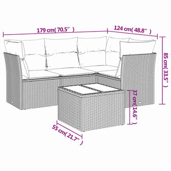 5-delige Loungeset met kussens poly rattan lichtgrijs