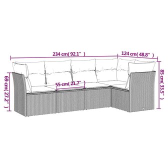 5-delige Loungeset met kussens poly rattan lichtgrijs