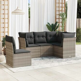 5-delige Loungeset met kussens poly rattan lichtgrijs