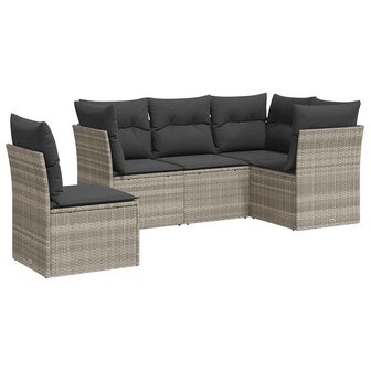 5-delige Loungeset met kussens poly rattan lichtgrijs