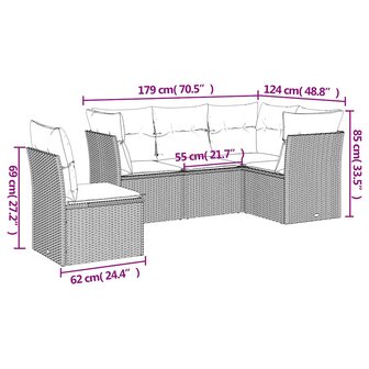 5-delige Loungeset met kussens poly rattan lichtgrijs