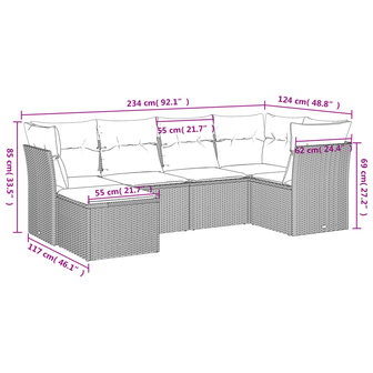 6-delige Loungeset met kussens poly rattan lichtgrijs