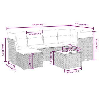 7-delige Loungeset met kussens poly rattan lichtgrijs