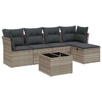 6-delige Loungeset met kussens poly rattan lichtgrijs
