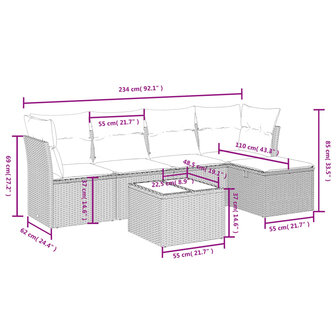6-delige Loungeset met kussens poly rattan lichtgrijs