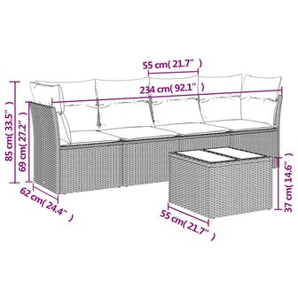 5-delige Loungeset met kussens poly rattan lichtgrijs
