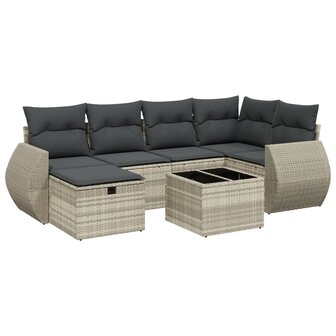 7-delige Loungeset met kussens poly rattan lichtgrijs