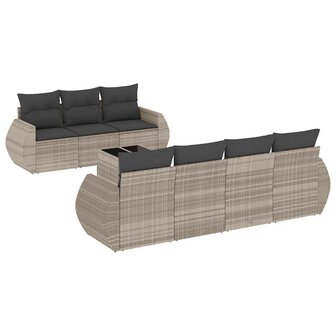 8-delige Loungeset met kussens poly rattan lichtgrijs
