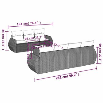 8-delige Loungeset met kussens poly rattan lichtgrijs