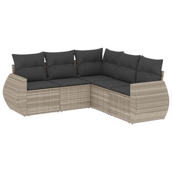 5-delige Loungeset met kussens poly rattan lichtgrijs