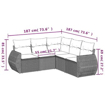 5-delige Loungeset met kussens poly rattan lichtgrijs