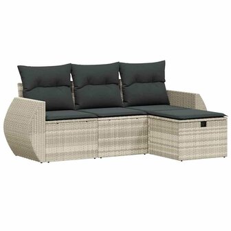 4-delige Loungeset met kussens poly rattan lichtgrijs