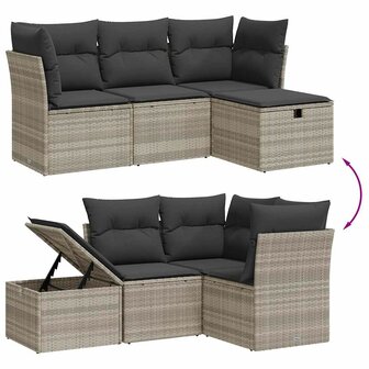 4-delige Loungeset met kussens poly rattan lichtgrijs