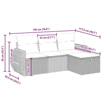 4-delige Loungeset met kussens poly rattan lichtgrijs