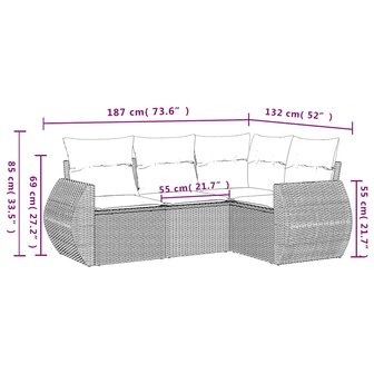 4-delige Loungeset met kussens poly rattan lichtgrijs