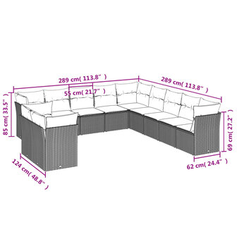 11-delige Loungeset met kussens poly rattan lichtgrijs