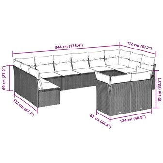 12-delige Loungeset met kussens poly rattan lichtgrijs