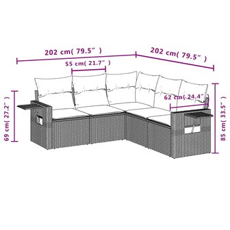 5-delige Loungeset met kussens poly rattan lichtgrijs