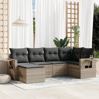 6-delige Loungeset met kussens poly rattan lichtgrijs