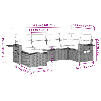 6-delige Loungeset met kussens poly rattan lichtgrijs
