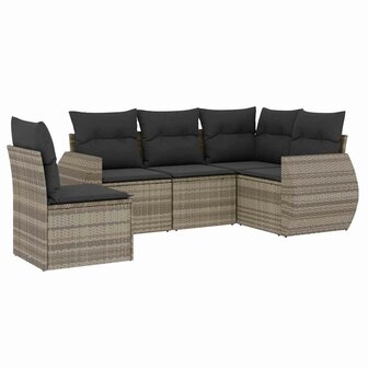5-delige Loungeset met kussens poly rattan lichtgrijs