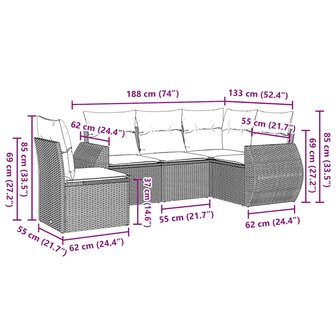 5-delige Loungeset met kussens poly rattan lichtgrijs