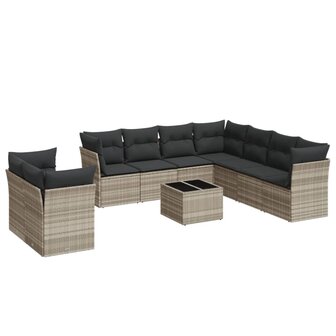 10-delige Loungeset met kussens poly rattan lichtgrijs